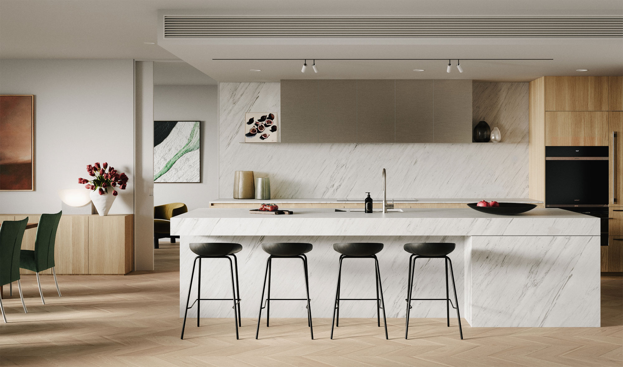 A majestic entertainer’s kitchen is a sculptural centrepiece within the voluminous living area.