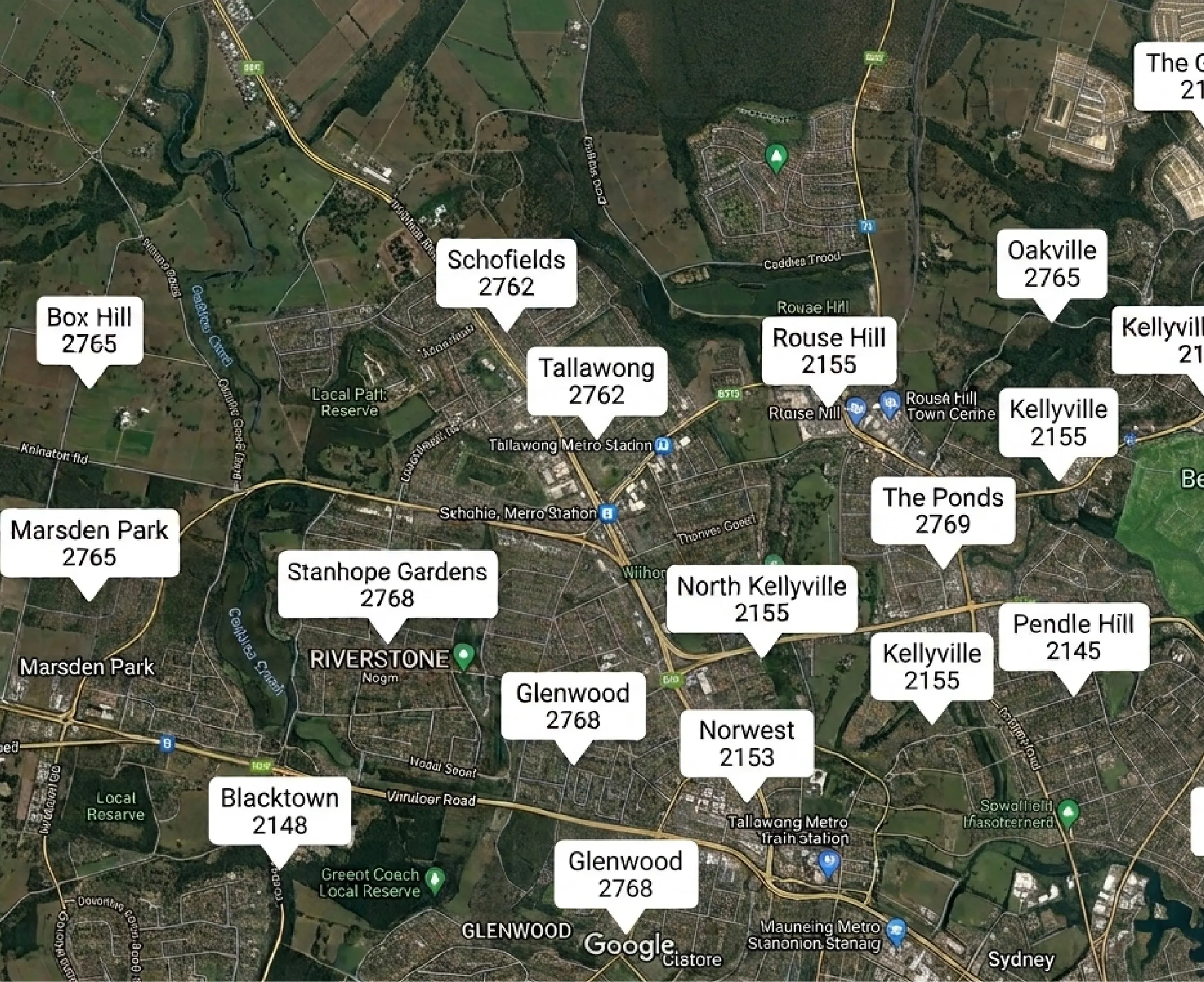 Map of the Norwest area and surrounding suburbs serviced by Rahul Sehgal of Mountview Real Estate
